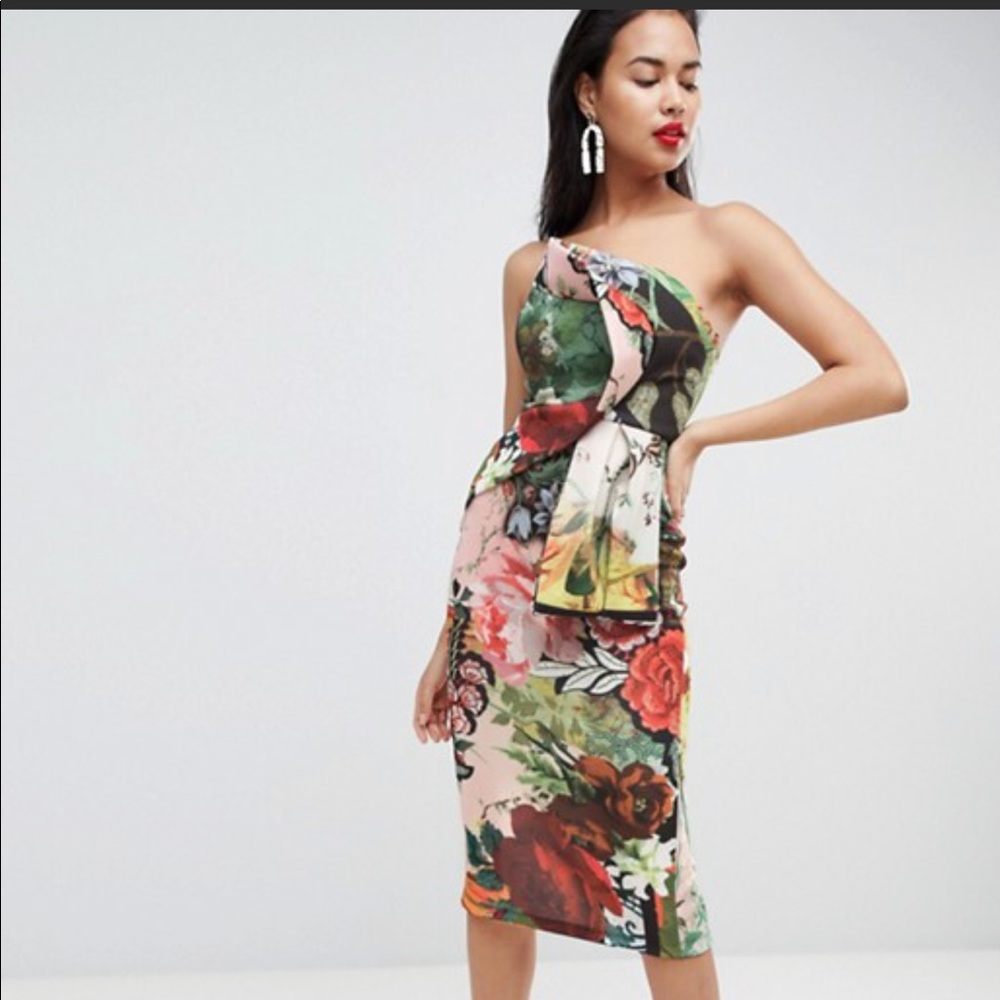 ASOS Postcard Print Bandeau Fold Midi Dress